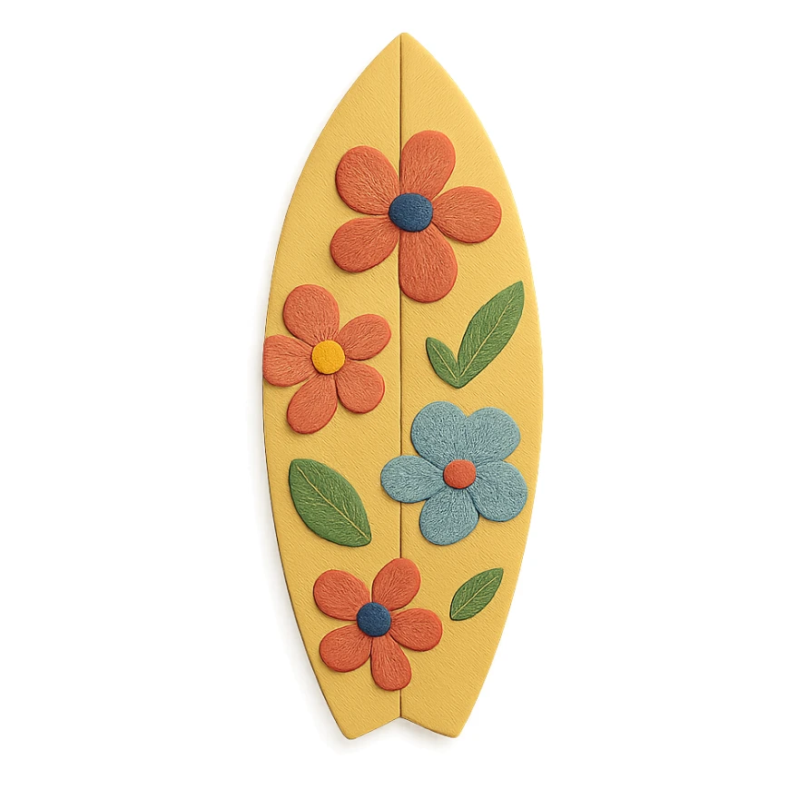 surfboard with floral patterns, paper craft style, Hawaiian party sticker