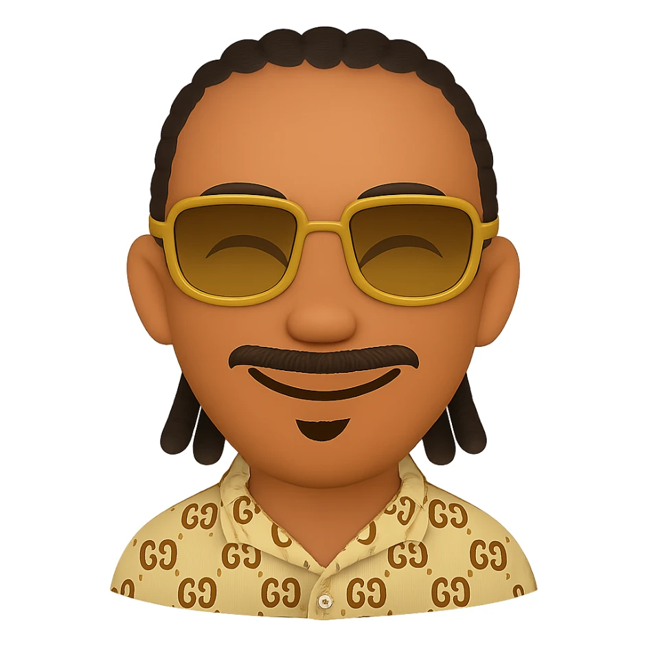 Create an emoji style smiley with a thin head, slightly lighter skin tone, beard only on the chin (no hair under the lower lip), mustache only above the upper lip, no hair under the lower lip, detailed black braided hair, rectangular golden sunglasses, beige top with GG pattern and visible collar, transparent background. Add a smile to the face. sticker