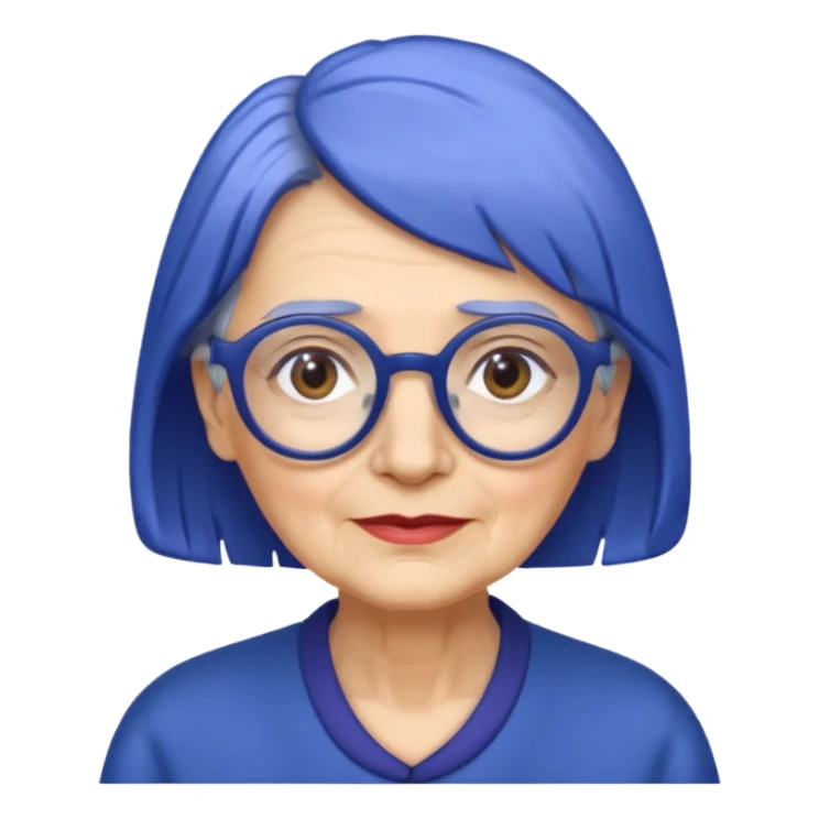 old lady with cobalt hair, wearing glasses, long face sticker