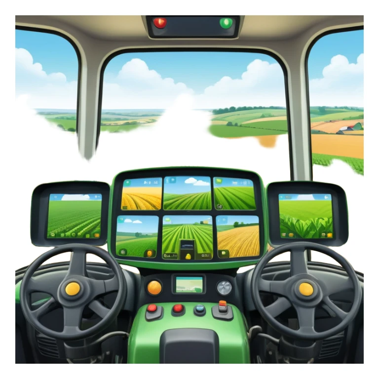 a view from the tractor cabin, with the dashboard in focus, overlooking a vibrant rural landscape. Inspired by Farming Simulator 22, the scene includes fields, crops, and distant barns under a bright sky. The design highlights the immersive experience of farm management. transparent background sticker