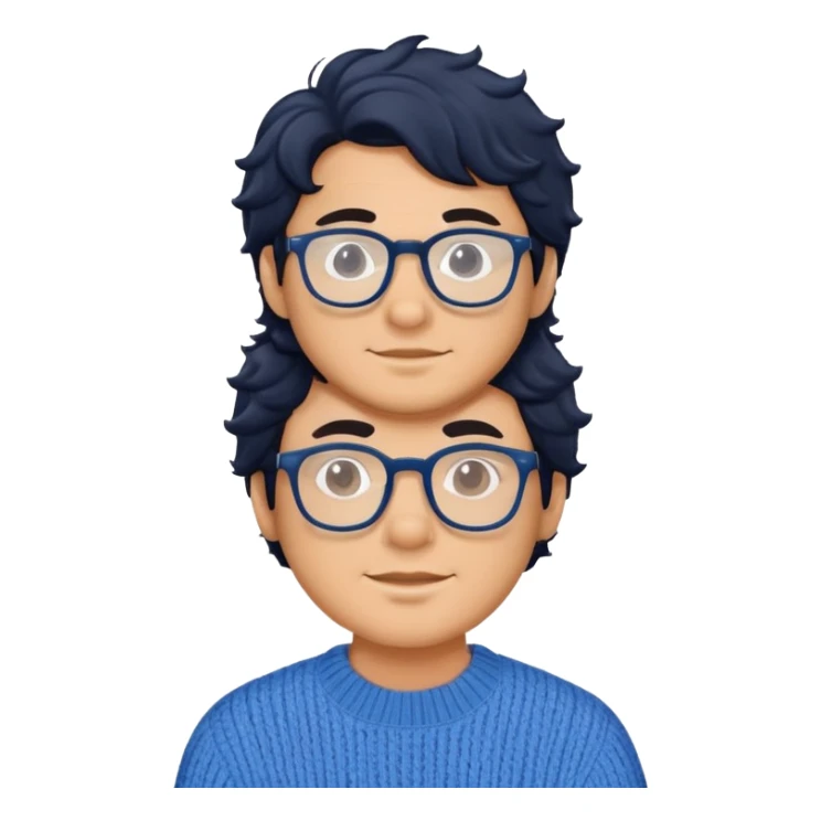 Man with wavy black hair in a comfortable blue sweater and glasses sticker