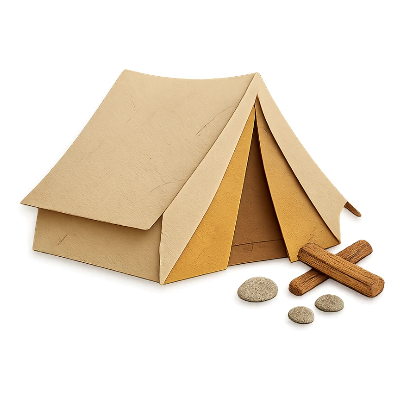 beige camping tent, paper craft style, delicate paper layers, naturalistic pose, realistic fabric texture, logs and stones nearby sticker