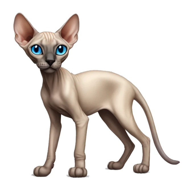 Siamese Sphynx Peterbald  cat with blue eyes, full thin body stand, black nose ears and tail sticker