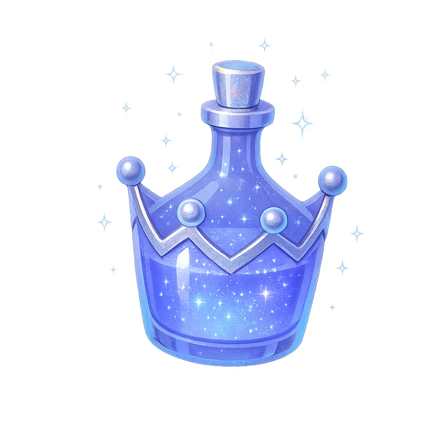 mažas prabangus eliksyro buteliukas, karūnėlės forma, spalva #7986cb, sidabrinės ir holografinės detalės, maksimaliai daug magiškų efektų, labai mažas kaklelis, vientisas dugnas, buteliukas plūduriuoja ore, be pagrindo ar šešėlio, modernus, kolekcijai tinkamas sticker