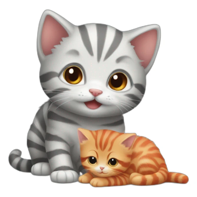 'small striped grey kitten' playing with 'bigger red kitten' sticker