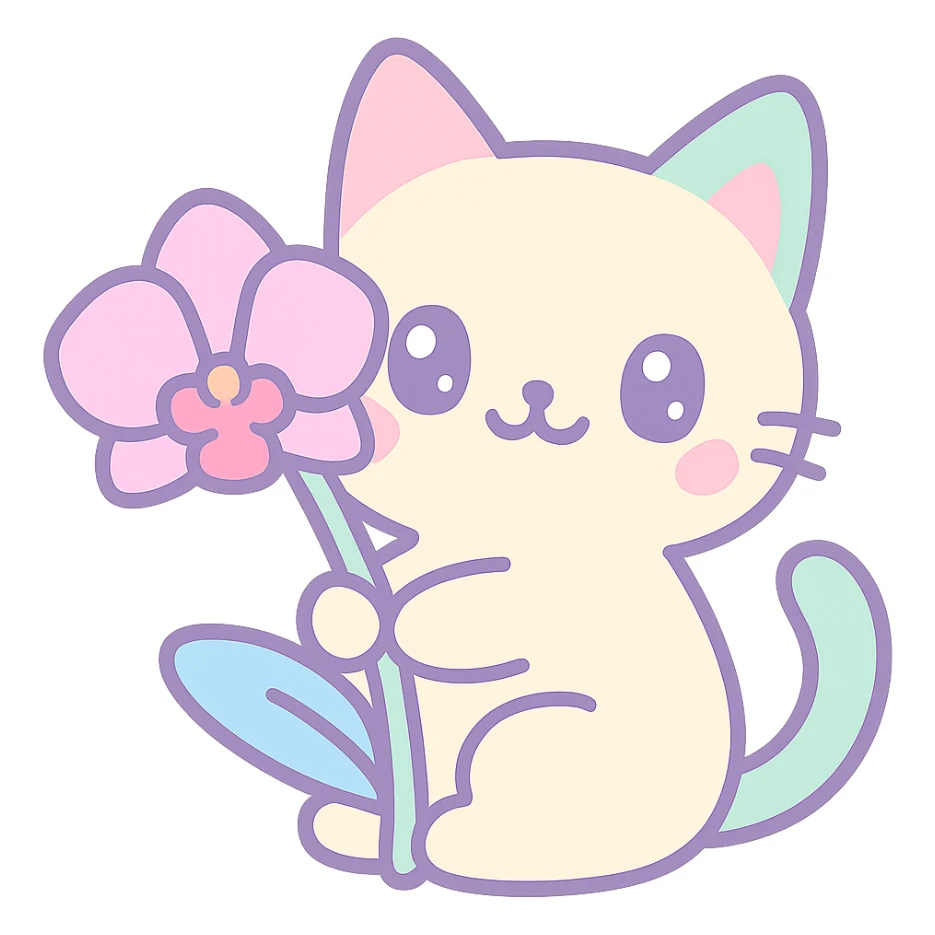 cat holding an orchid, kawaii style sticker