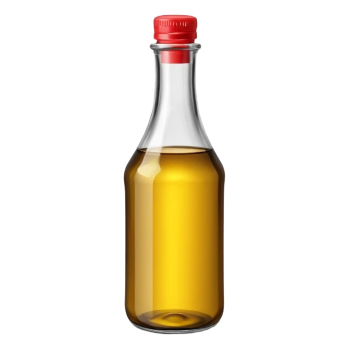 upright vinegar bottle, glass or plastic, clear or lightly tinted liquid, narrow neck, screw cap or cork metallic black or natural, blank label optional, reflective liquid, 3D clean style, transparent background sticker