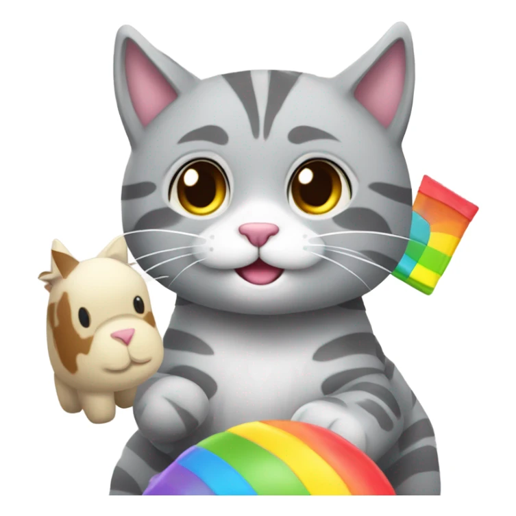 Grey tabby cat with rainbow lama toy sticker