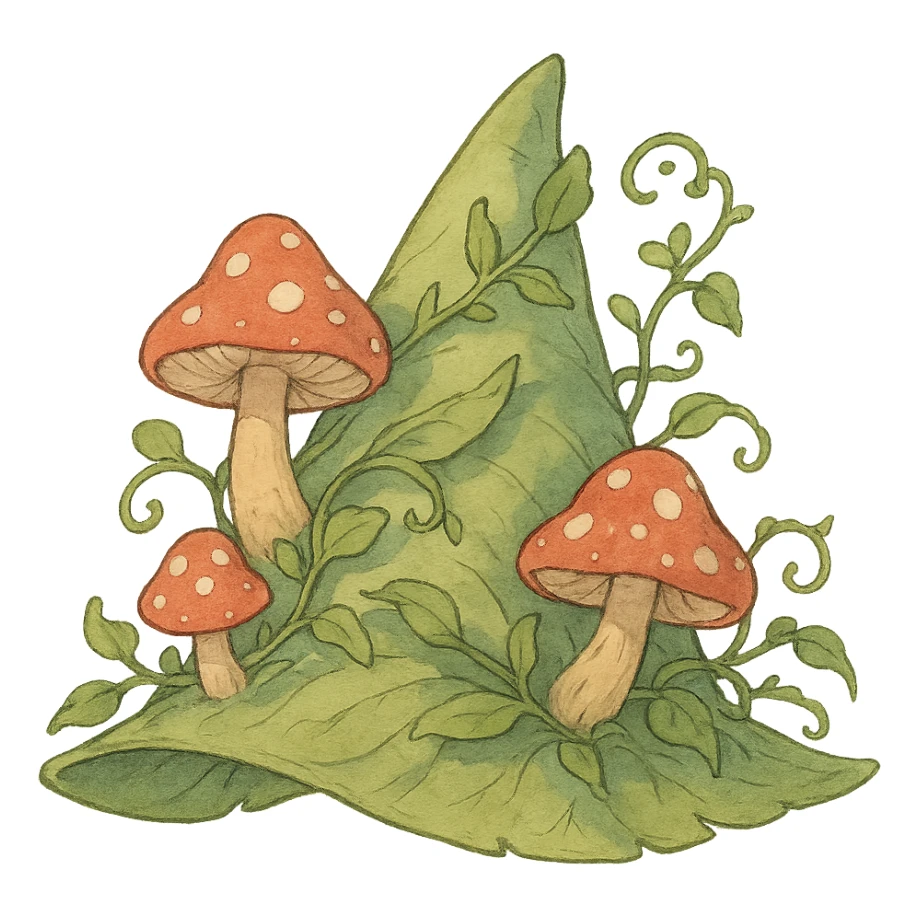a leafy fairy hat with mushrooms and vines, ghibli-inspired style sticker