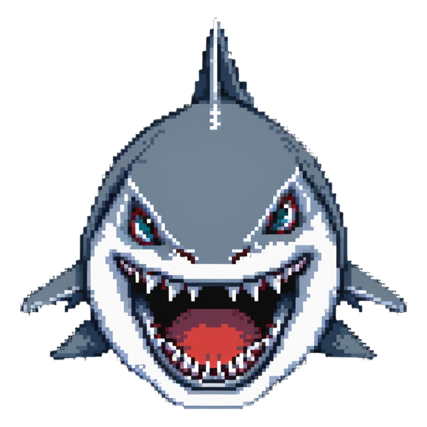 shark with big white teeth shown prominently in a menacing face-on view sticker