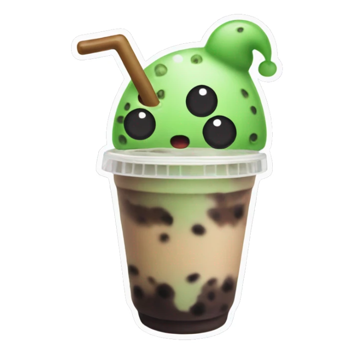 alien wearing a beanie with a bubble tea in its hand sticker