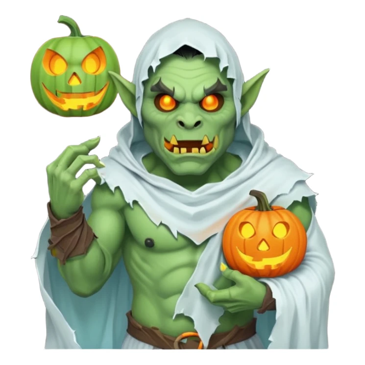 male orc warrior ghost emoji, green skin, tusks, wearing torn white ghost sheet costume, holding glowing jack-o'-lantern, faint blue aura, friendly but spooky expression, Halloween fantasy theme, Apple emoji style, clean white background, square sticker
