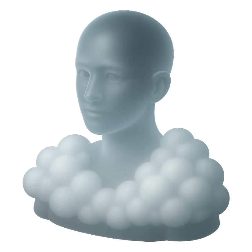 person looking straight ahead, shoulders filled with puffy white fluffy clouds, matte glass style sticker