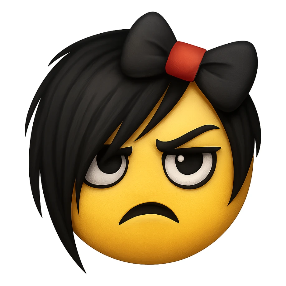 emo emoji, black and red bow, edgy and expressive, no background sticker