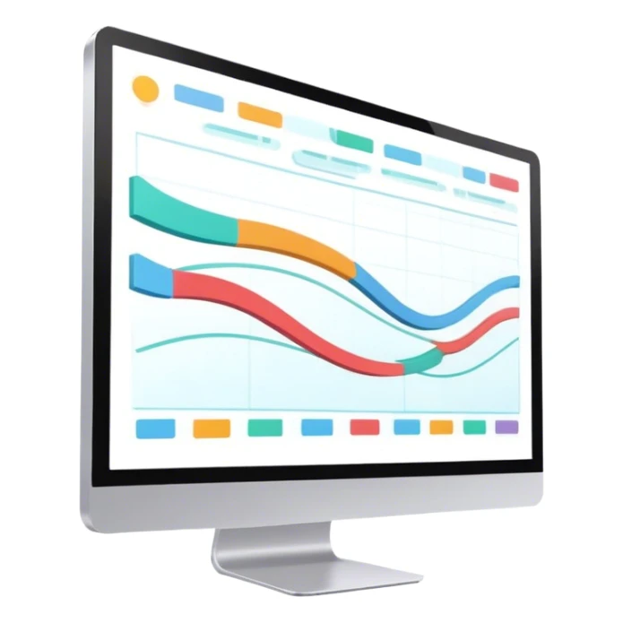 Animation and motion design. A computer screen with an animation timeline, moving frames. Сartoon or animated scene on the screen. Include motion design elements like flowing lines, curves, or rotating objects. Modern, creative colors. No emojis or smiley faces. Transparent background. sticker