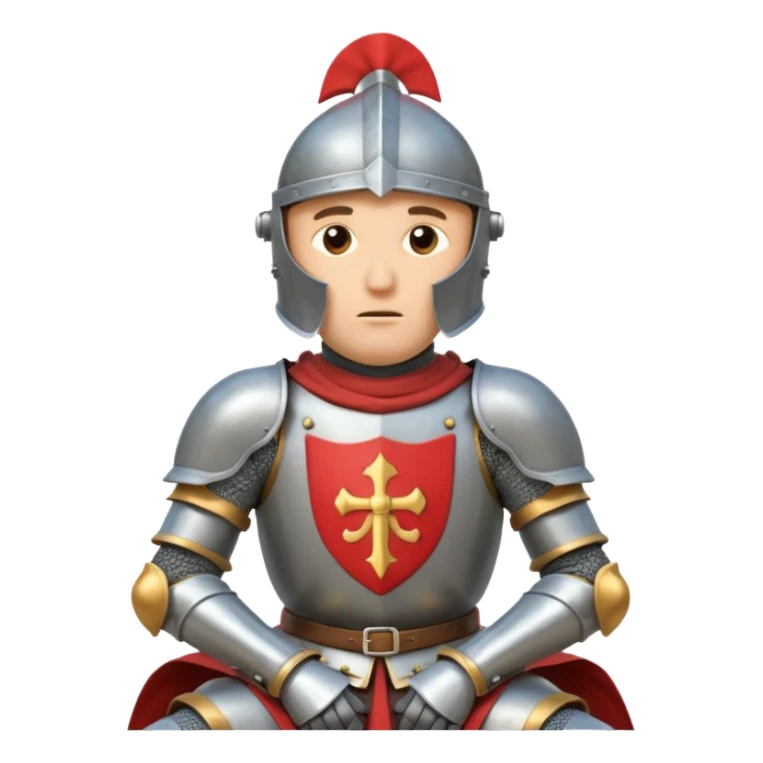 A cartoon knight in full armor with a closed helmet, expressing boredom. The knight's head is tilted slightly to the side, arms hanging down, and legs crossed. sticker