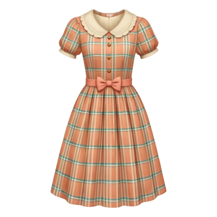 Cottagecore style ultra realistic highly detailed with vintage material, cottagecore soft colored plaid dress. No human figures, no emoji icons, no emoji faces. Isolated, dress sticker