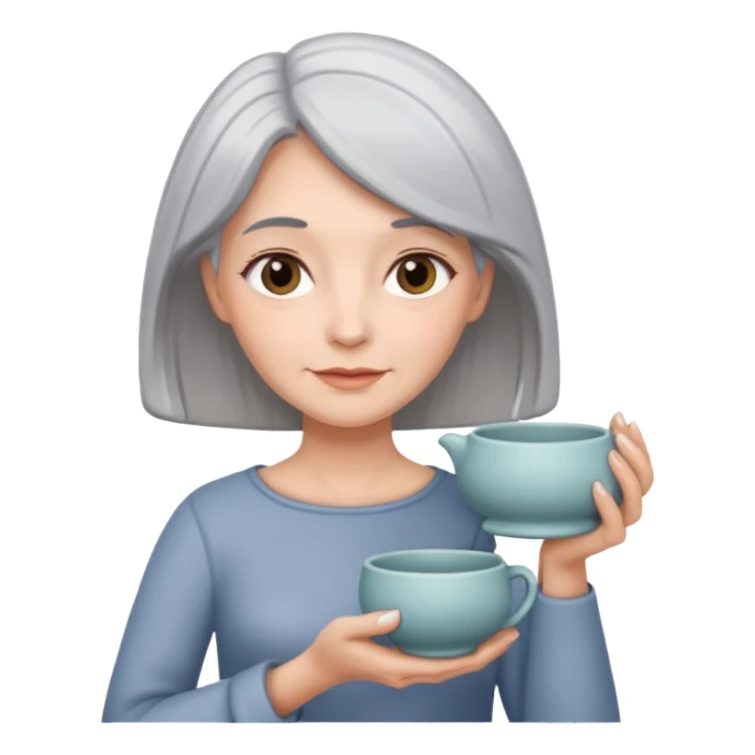 Woman with grey hair with ceramics sticker
