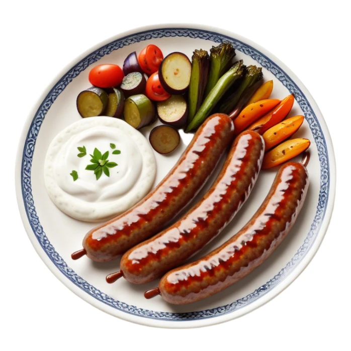 Cinematic Realistic image of a long, sausage-shaped Turkish Köfte, rendered with richly spiced meat textures and subtle grill marks, artfully arranged on a traditional Turkish ceramic plate alongside classic sides such as a serving of aromatic pilaf, crisp grilled vegetables, and a dollop of creamy yogurt, all bathed in warm, appetizing lighting that emphasizes its savory allure. sticker