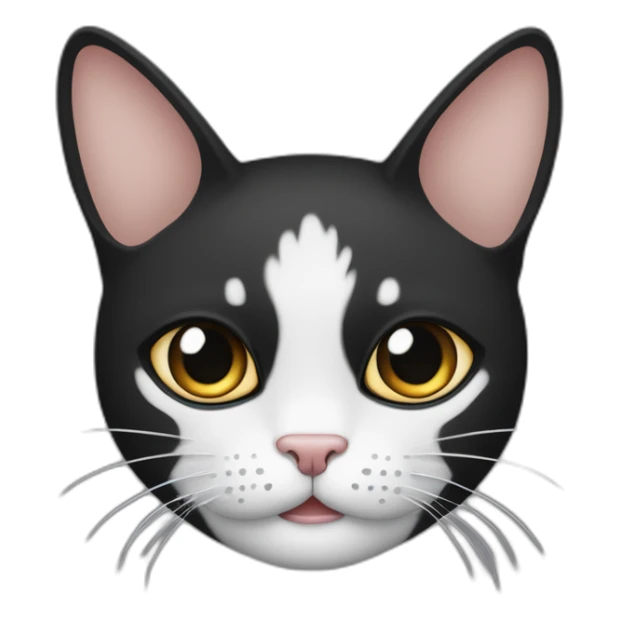 El gato presenta una división en su rostro con la mitad izquierda de color negro y la mitad derecha de color blanco, además de una mancha negra ubicada debajo de la nariz sticker