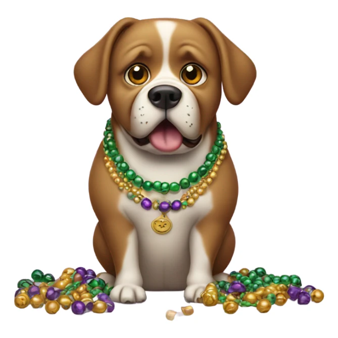 Crying fat dog with Mardi Gras beads eating chocolate sticker