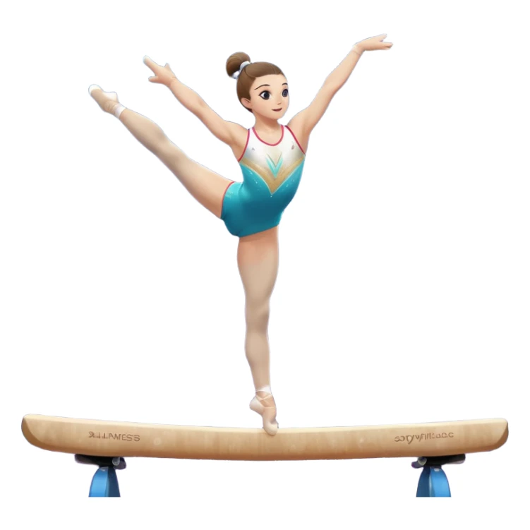 A gymnast performing a flawless routine on the balance beam, showcasing strength and grace. The scene captures the precise, elegant movement with perfect balance and form. The background features a gymnastics arena with vibrant lighting and cheering crowds, emphasizing athleticism and poise. sticker