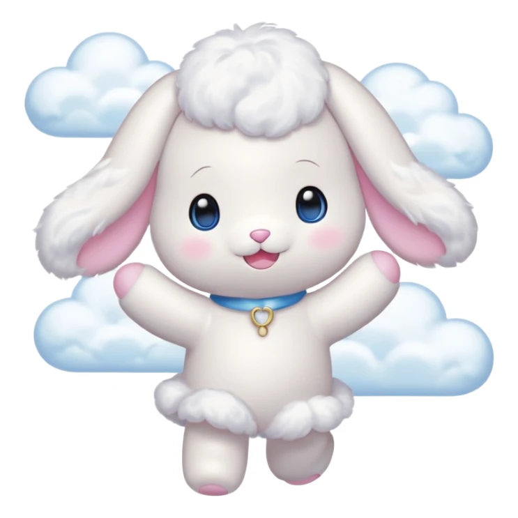 Cinnamon roll from sanrio dancing in the clouds that looks just like him from the cartoon blue eyes pink cheeks white body and filled with cuteness sticker