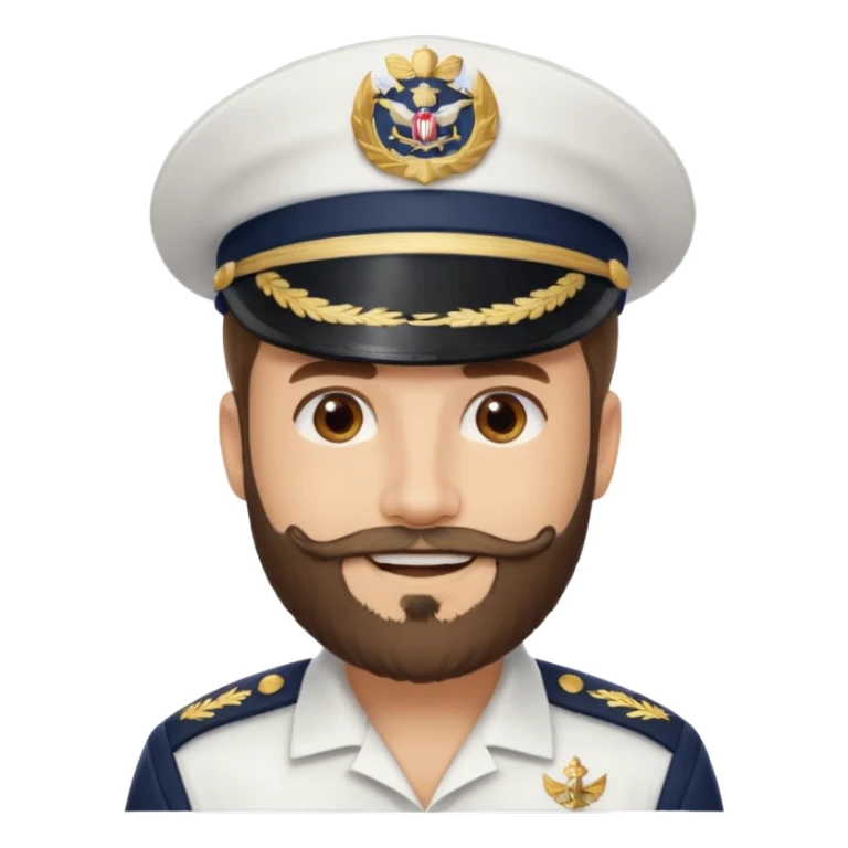 A light-skinned man with brown eyes and a beard, smiling while wearing a white captain’s hat with a navy emblem. sticker