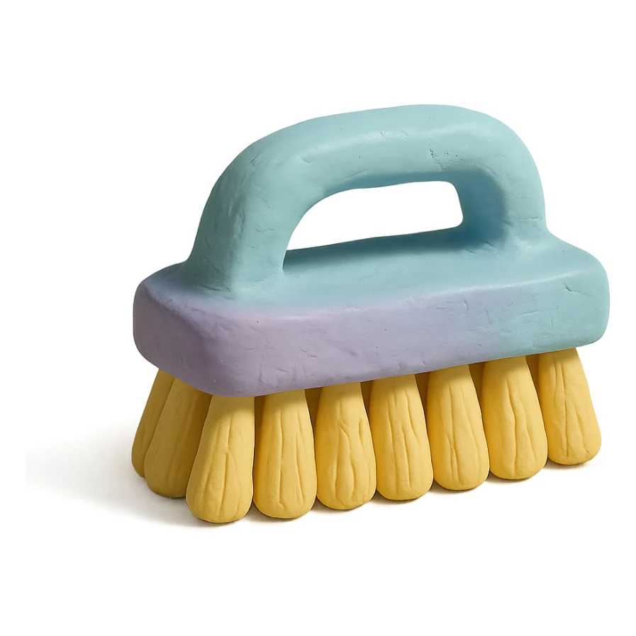cleaning brush in claymation style, pastel colors, visible fingerprints sticker