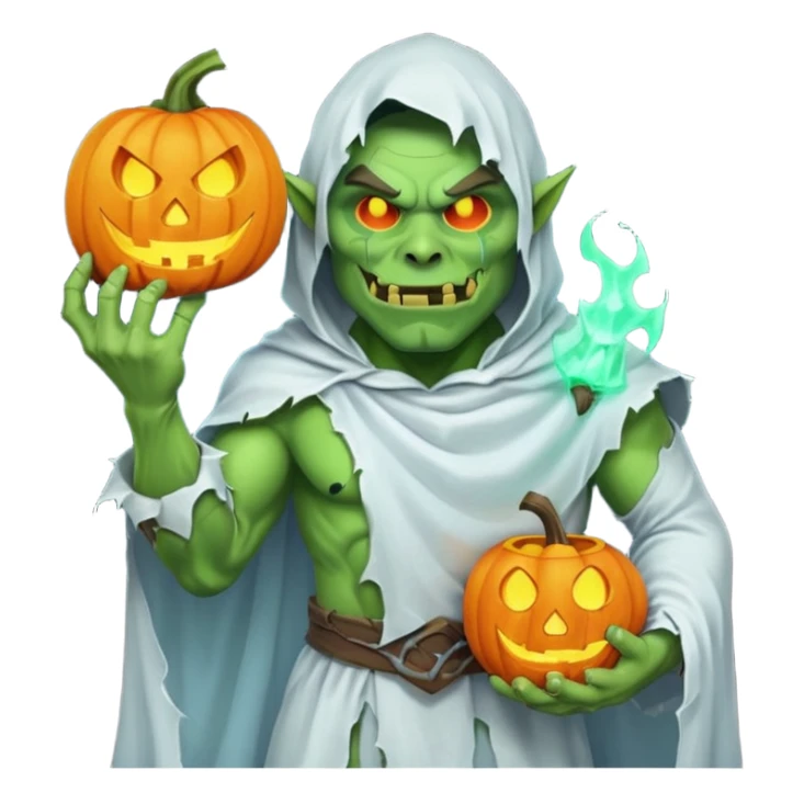 male orc warrior ghost emoji, green skin, wearing torn white ghost sheet costume, holding glowing jack-o'-lantern, faint blue aura, friendly but spooky expression, Halloween fantasy theme, Apple emoji style, clean white background, square sticker
