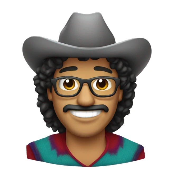 A heavier mexican man, with a curly black mullet, with a smile that shows his teeth grills wearing a cowboy hat and circular glasses and a poncho sticker
