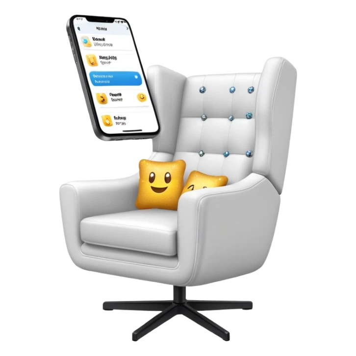 smartphone at an angle in foreground showing armchair product page on screen, with sparkle emoji sticking out on the left side sticker