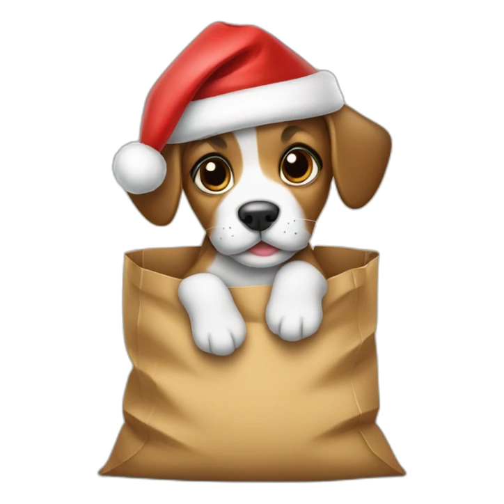 a puppy in a bag with a Santa hat on his head sticker