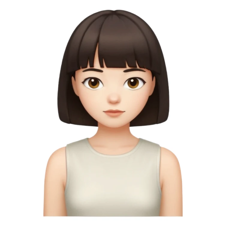 a short bob with bangs and dark brown hair. They have a calm expression, fair skin, and wear a sleeveless white cropped top sticker