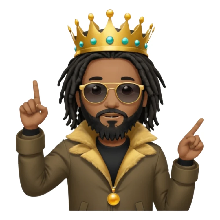 African American man with shoulder length black dreadlocks with black beard wearing black sunglasses wearing Crown on his head wearing a black bubble mens winter coat pointing to himself sticker