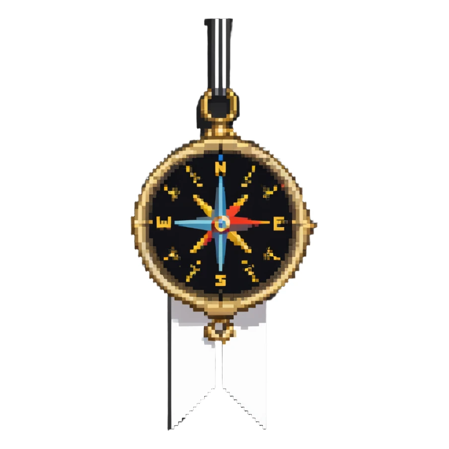 iOS compass device with gold frame and directional markers hanging from a white ribbon sticker