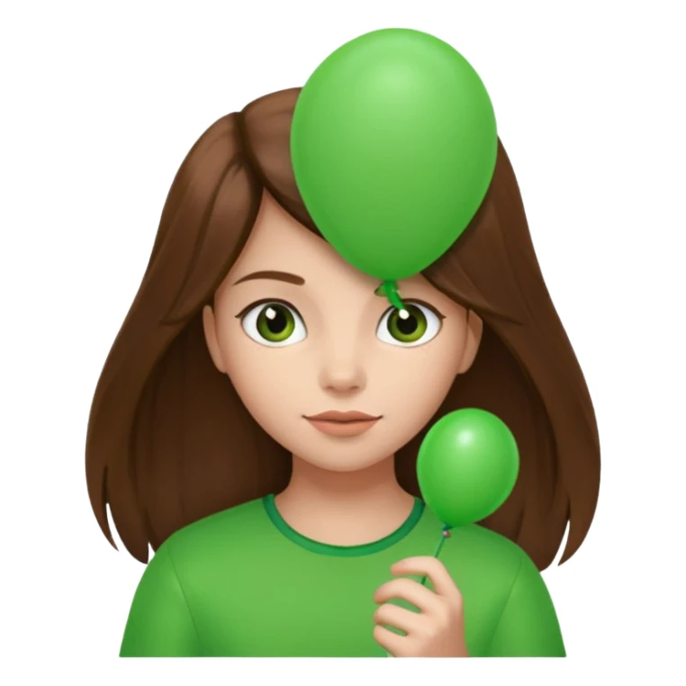 girl with long brown hair, holding green balloon sticker