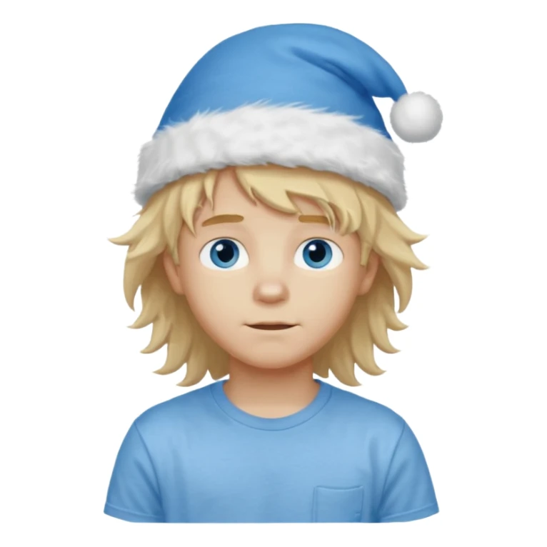 create boy blonde hair long messy, light eyes, white t shirt, rich, long hair, eyes blue, acessory head cristimas blue hat, long hair, fluffy hair sticker