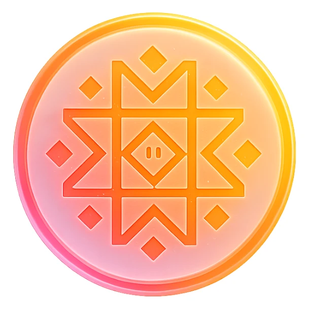 Can you please render an image of a digital artwork with a dreamy, cosmic aesthetic. Make it glowing small circle logo that’s attached in the image and that radiates warm colors—yellow, orange, and magenta. Make the image 3D and look more like an artistic glassmorphism type. Make the image look HD and quality  sticker