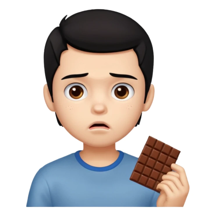 a PRETTY BRATZ boy with black hair eating chocolate and looking sad sticker