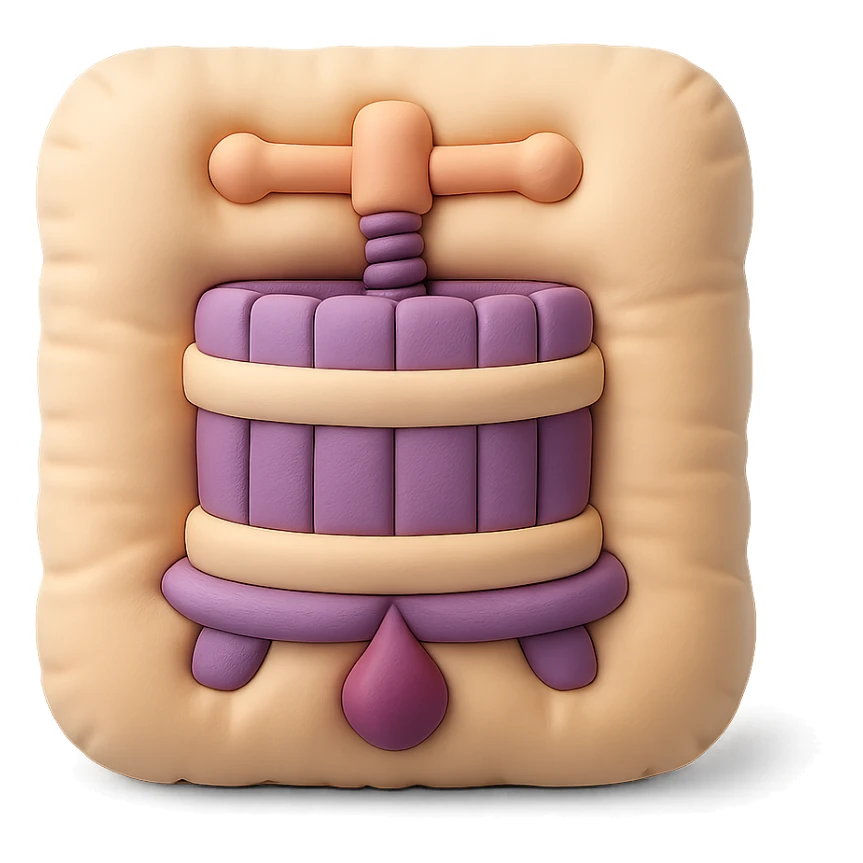 icon representing the 'pressing' step in wine making process, cushion style, soft pastel colors, plush texture sticker