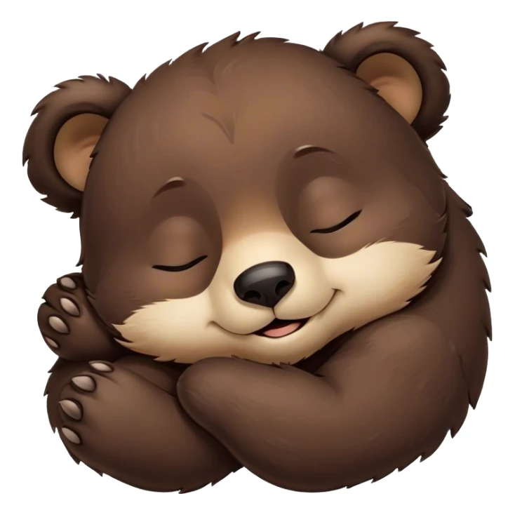 Meme-Worthy Cute Sleeping bear cub Portrait Emoji, Head resting peacefully with a contented smile, showcasing a massive, robust build and a luxuriously soft dark brown fur, eyes shut in a serene, restful nap, Simplified yet hilariously adorable features, highly detailed, glowing with a soft, drowsy light, high shine, relaxed and utterly lovable, stylized with an air of playful laziness, bright and heartwarming, soft glowing outline, capturing the essence of a comically sleepy bear cub, so meme-worthy it feels like it could instantly become the next viral sensation of adorable slumber! sticker