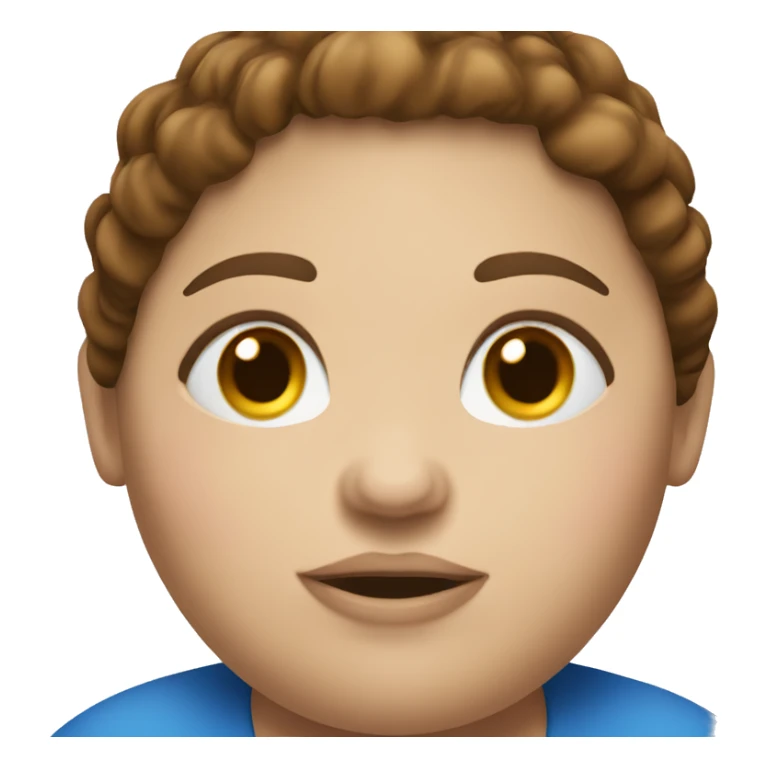 Fat woman with brown hair and blue eyes eating  sticker