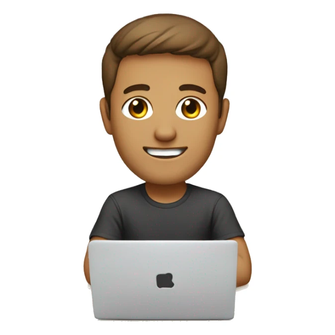 developer, 5:5 parting brown hair, eye smile, small head, labtop, hackarthon t-shirt sticker