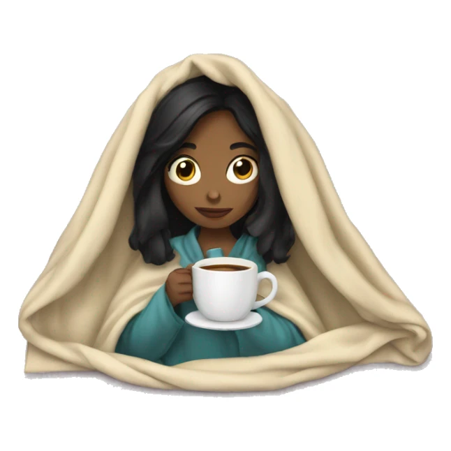 girl with black hair inside a blanket sipping coffee sticker