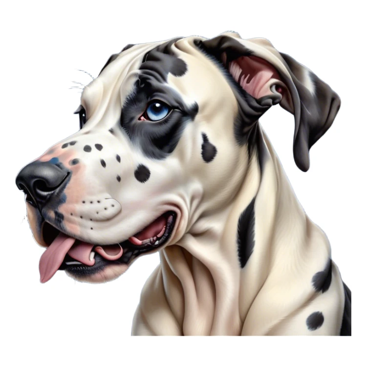 Cinematic Cute Yawning Harlequin Great Dane Portrait Emoji, Head tilted slightly with a dramatic, wide-open yawn, showcasing a smooth coat of predominantly white with bold black patches, floppy ears slightly drooping, round blue eyes barely open in drowsy contentment, Simplified yet irresistibly adorable features, highly detailed, glowing with a soft, cozy glow, high shine, relaxed yet expressive, stylized with a touch of whimsy, bright and endearing, soft glowing outline, capturing the essence of a sleepy yet affectionate guardian, so drowsy it feels like it could stretch out of the screen and curl up for a nap! sticker