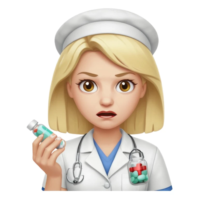 angry blonde nurse with a pills sticker