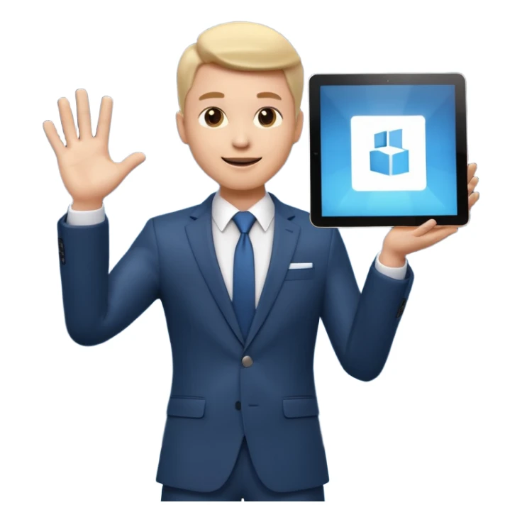 A stylized 3D emoji icon of a charismatic young male presenter on a stage, holding a tablet and gesturing enthusiastically towards a large screen behind him. The screen displays a glowing, futuristic Microsoft logo (the four squares) sticker