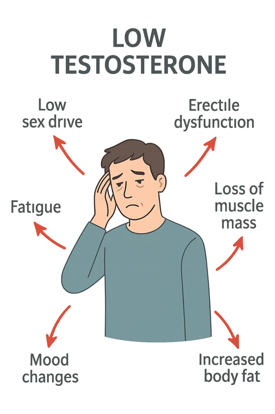  un uomo con espressione affaticata, circondato da frecce rosse che evidenziano sintomi di testosterone basso. frecce rosse sticker