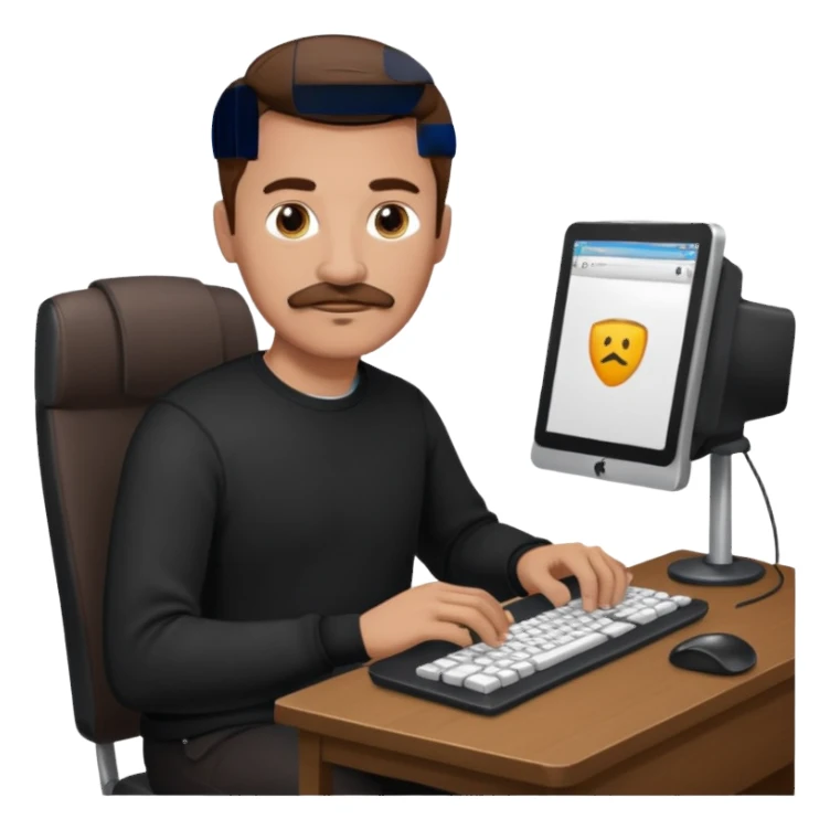  man with mustache, brown hair, 33years old, shirt, high temple Black pullover with a white shirt underneath and black fabric trousers work with couputer sticker